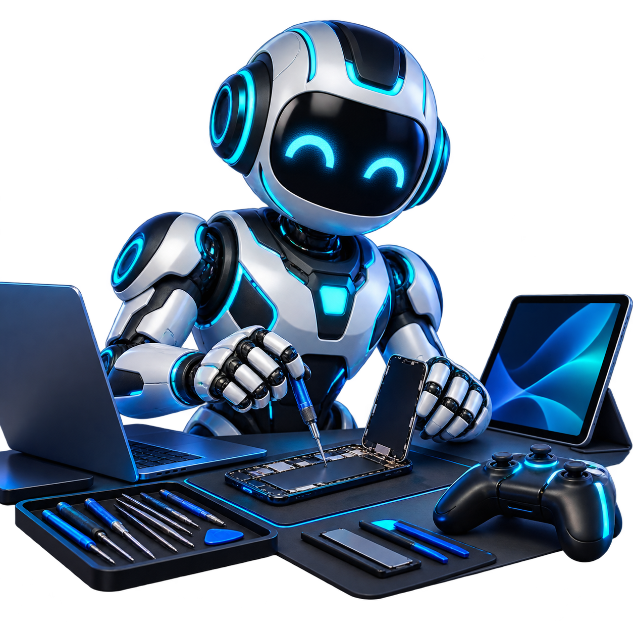 NextGen Device Solutions repair technician working on a phone with a laptop, tablet, and game controller
